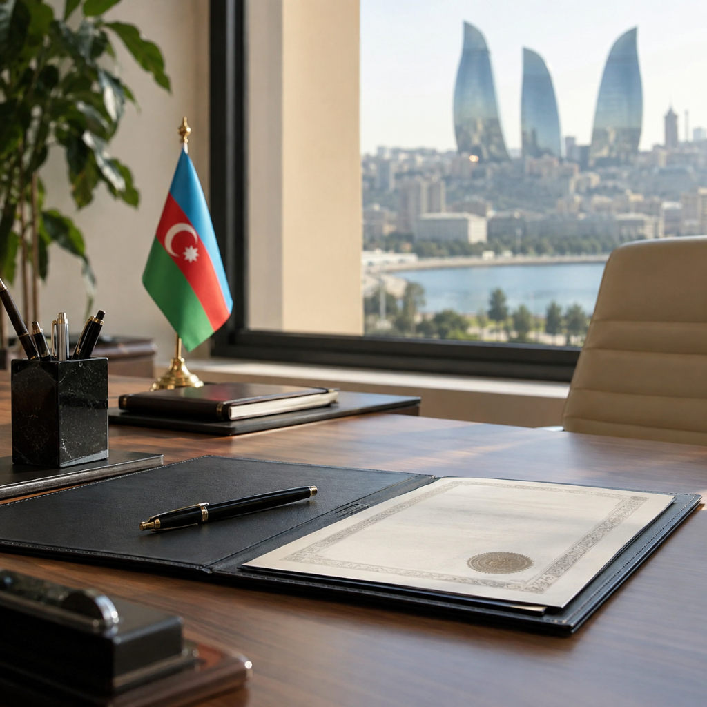 Company registration in Azerbaijan — office desk with documents in Baku