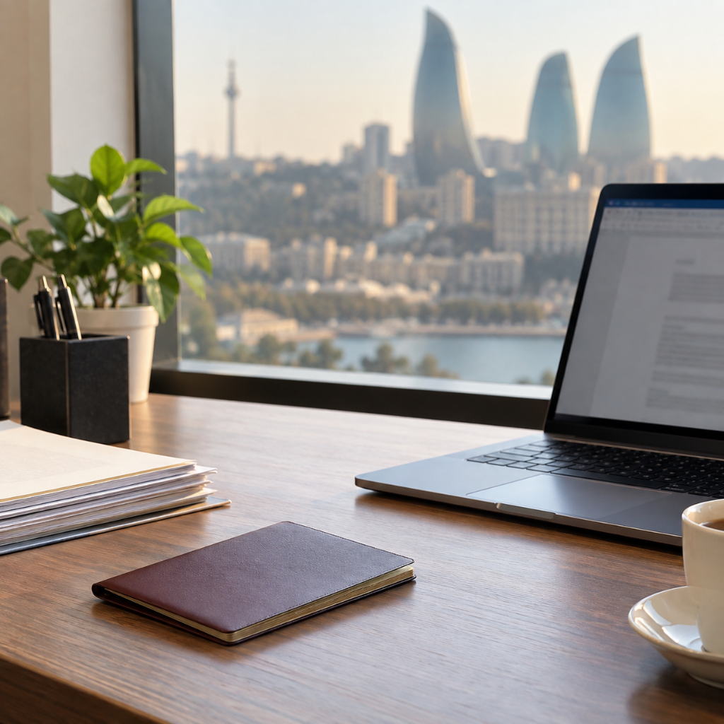 Opening an LLC in Azerbaijan as a foreigner — passport and laptop on a desk in Baku