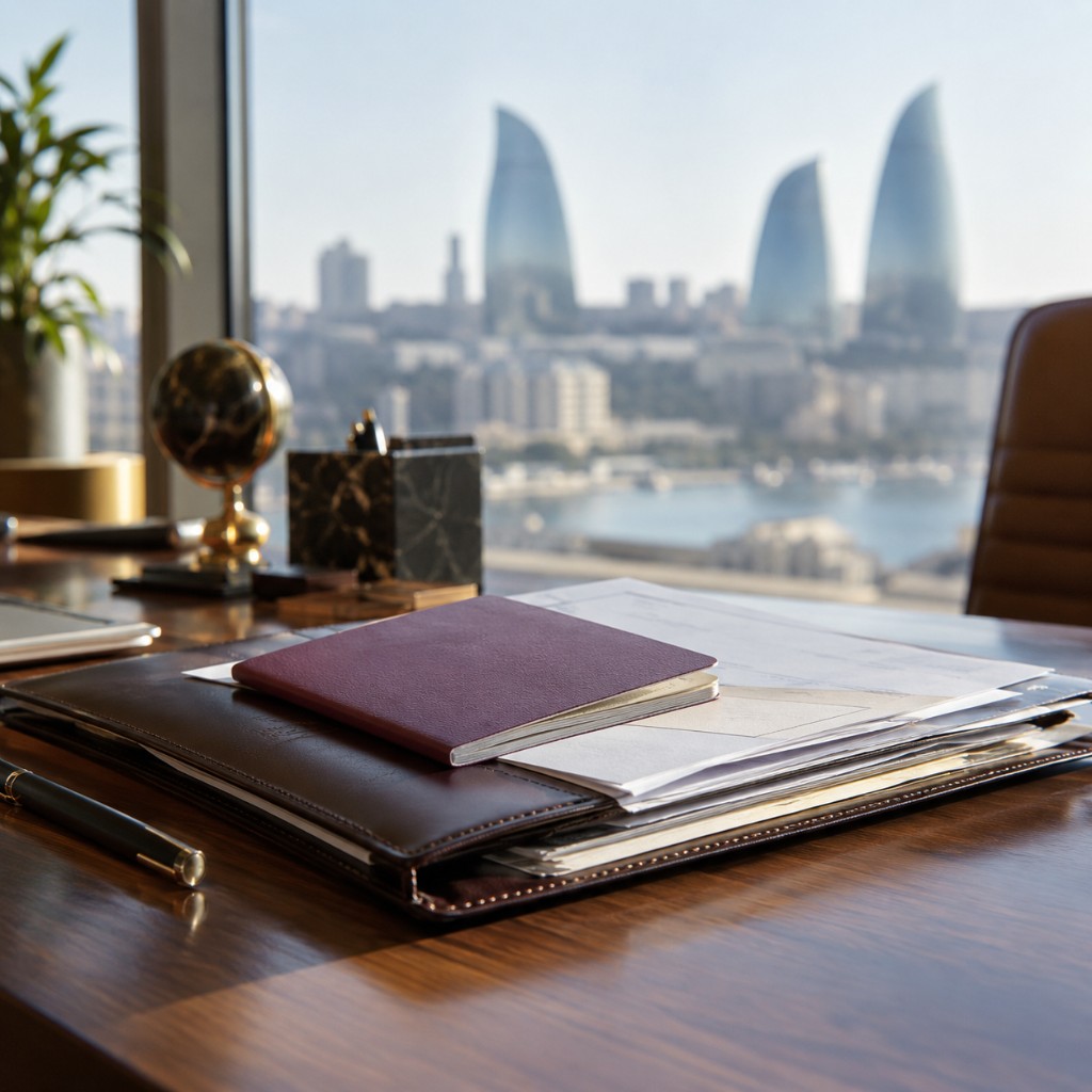 Residence permit in Azerbaijan — passport and documents on a desk in Baku