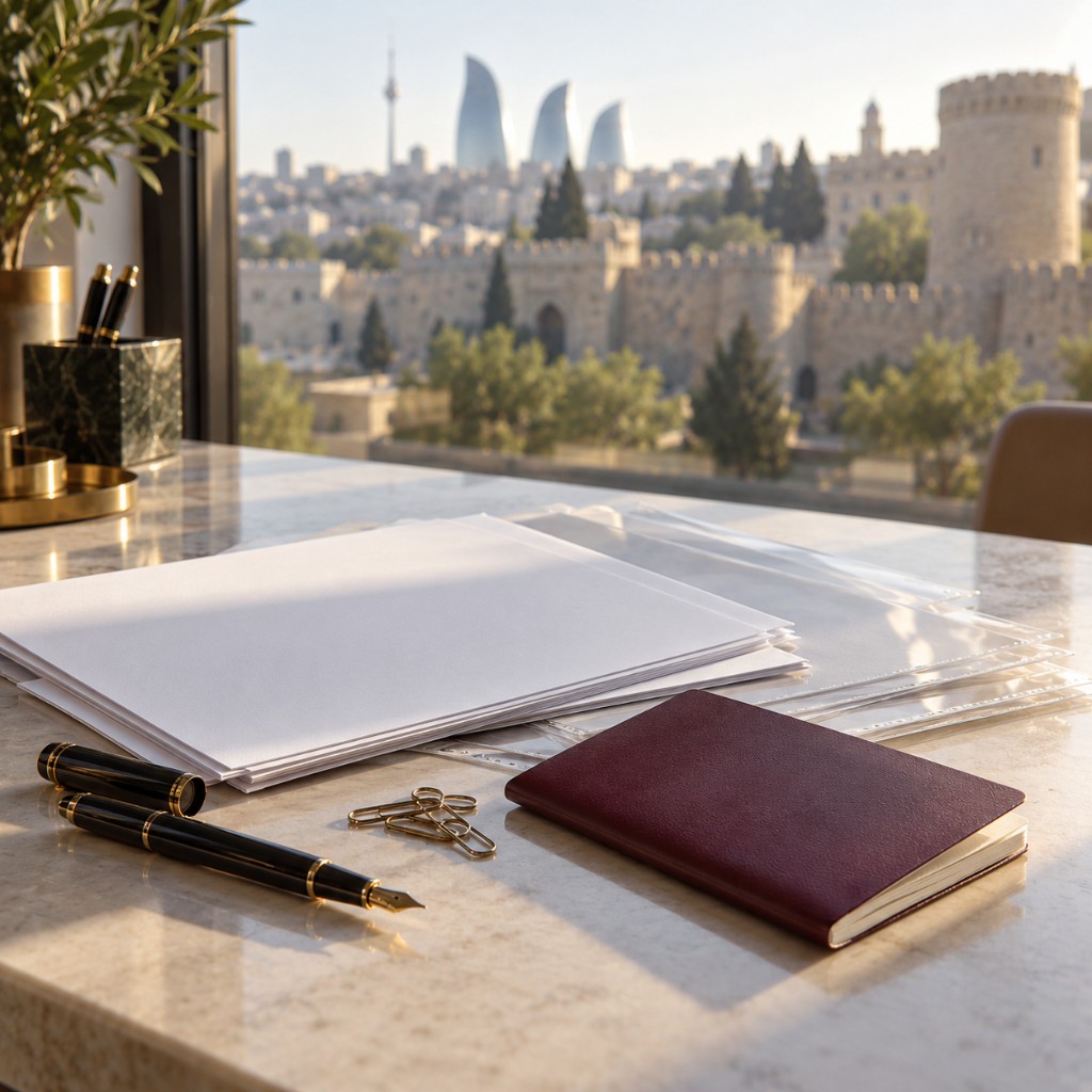 Documents for an Azerbaijan residence permit — desk overlooking Icherisheher, Baku
